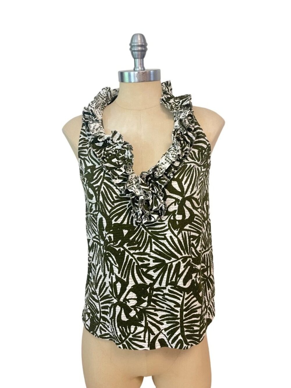 Kate Spade Gray White Tropical Print Ruffle Top Size 4